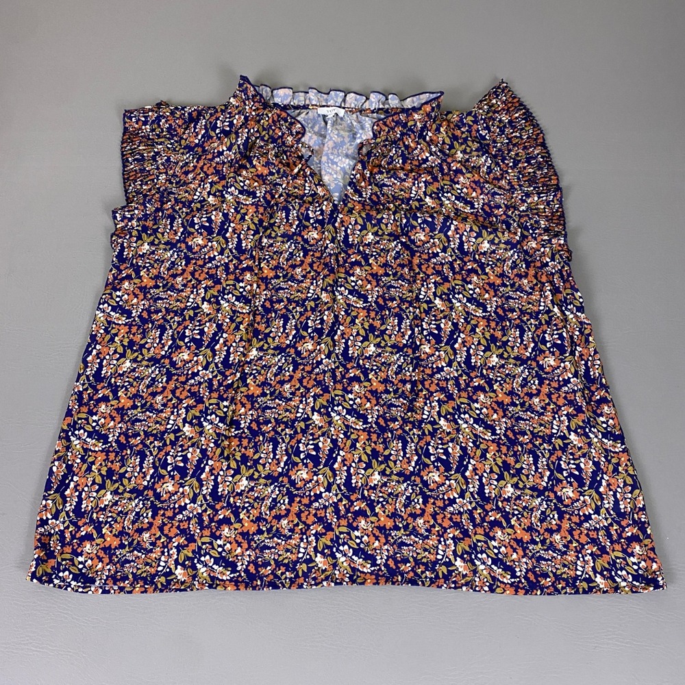 VOY Blouse Top Women's Size 1XL Floral Ruffle Sleeve V-Neck Blue Orange‎